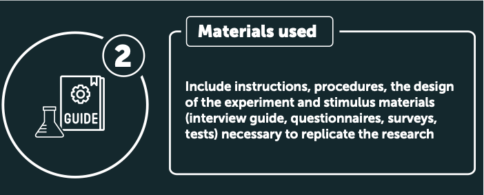 Include instructions, procedures, the design of the experiment and stimulus materials (interview guide, questionnaires, surveys, tests) necessary to replicate the research